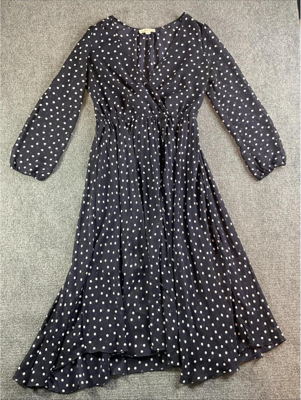 Indigo Rose Women's Dress Navy Blue White Polka Dot Size S  Chiffon Long Sleeve